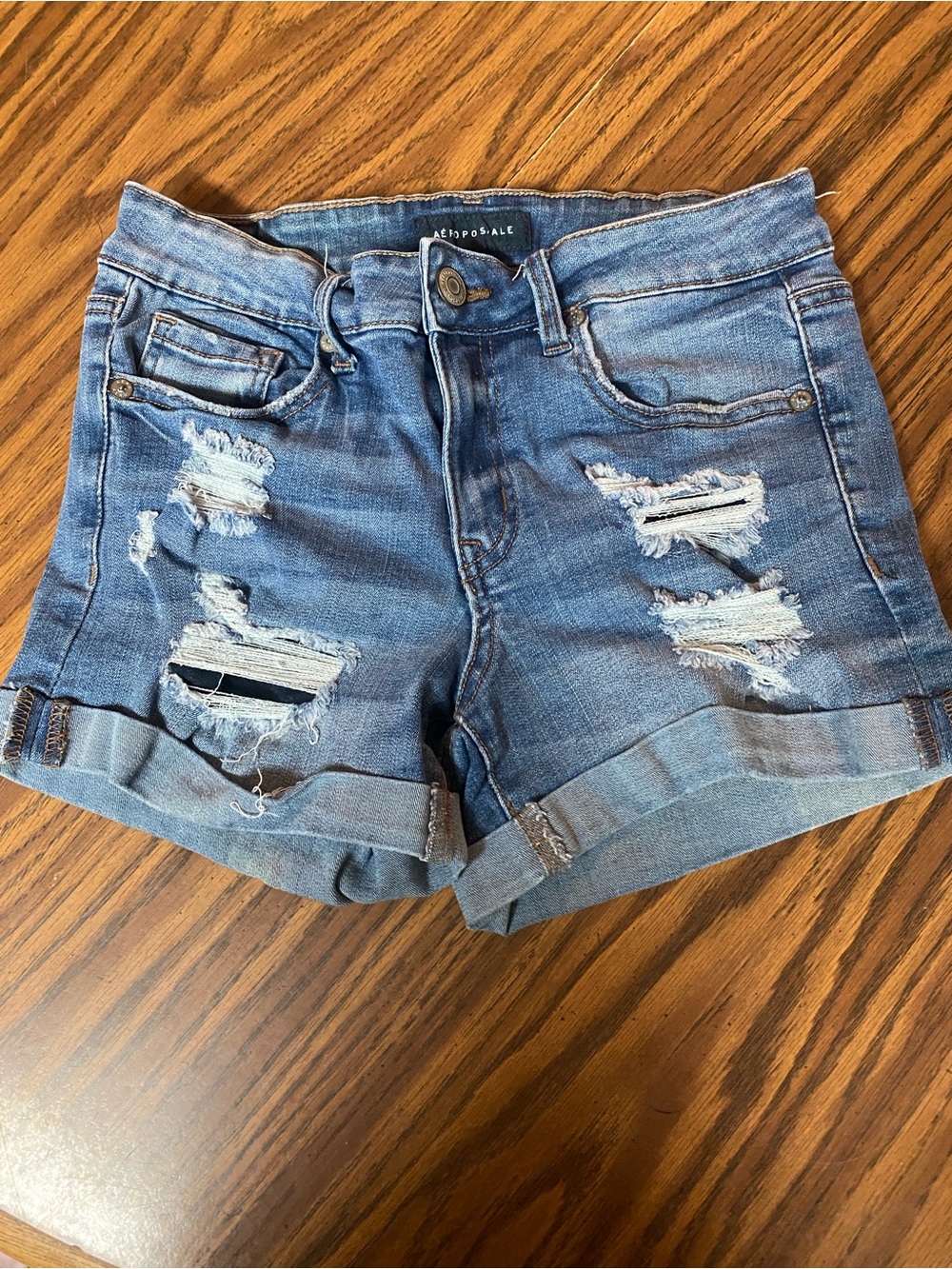Aeropostale Women's Light Blue Distressed Roll Cuff Denim Shorts